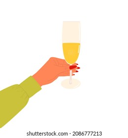 Flat vector cartoon illustration of a female hand holding a glass of champagne. Isolated design on a white background.