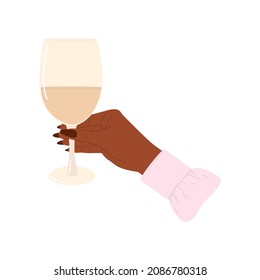 Flat vector cartoon illustration of a female hand holding a glass of white wine. Isolated design on a white background.