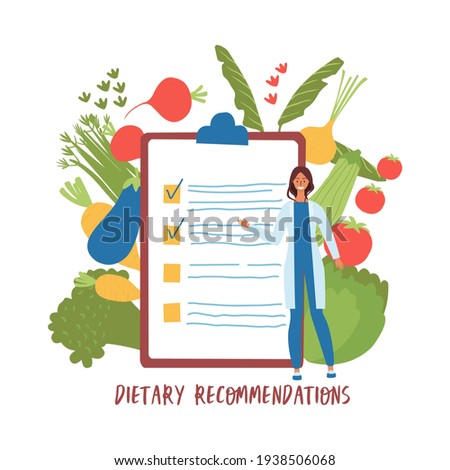 Flat vector cartoon illustration of a female nutritionist explaining the concept of healthy eating and diet planning. Recommendations for proper nutrition. Isolated design on a white background.