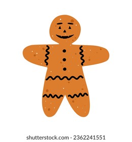 A flat vector cartoon illustration of a gingerbread man for Halloween. Cute homemade holiday pastries. Isolated design on a white background.