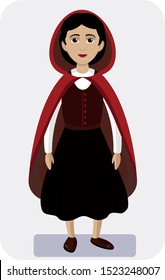 Flat vector cartoon illustration of a girl in a little red ridding hood costume