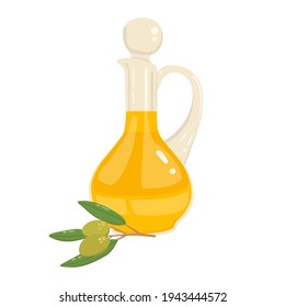 Flache Vektorgrafik eines Glaskrug mit Olivenöl und einem Olivenzweig. Einzigartiges Design auf weißem Hintergrund.