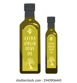 Flat vector cartoon illustration of glass bottles of extra virgin olive oil. An organic ingredient for Mediterranean cuisine. Healthy and natural food, vegetarian diet.