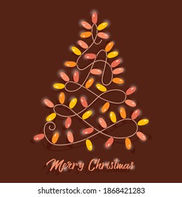 Flat vector cartoon illustration of a glowing Christmas garland laid out in the shape of a Christmas tree isolated on a dark background. The phrase merry Christmas.