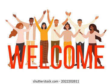 A flat vector cartoon illustration of a group of diverse people waving and greeting a new team member. Isolated design on a white background.