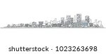 Flat vector cartoon illustration of hand drawing urban landscape with skyline, city office buildings and family houses in small town village in background. Isolated and layered doodle line sketch.