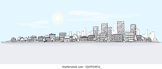 Flat Vector Cartoon Illustration Of Hand Drawing Urban Landscape With Skyline, City Office Buildings And Family Houses In Small Town Village In Background. Layered Doodle Pen Or Pencil Line Sketch.