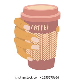 Flat vector cartoon illustration of a hand holding a takeaway coffee. The concept of a cheerful morning and a coffee break. Isolated design on a white background.