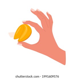 Flat vector cartoon illustration of a hand holding fortune cookies. Isolated drawing on a white background.