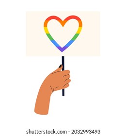 Dibujo vectorial plano de una mano sosteniendo una pancarta con el corazón arcoiris, símbolo de la comunidad LGBT. Un símbolo de tolerancia y solidaridad. Diseño aislado en un fondo blanco.