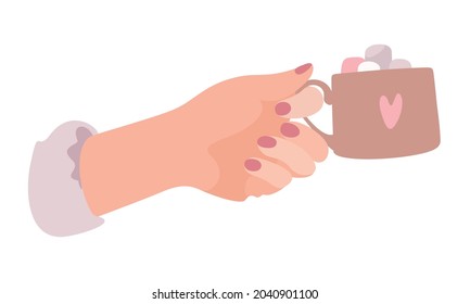 Flat vector cartoon illustration hand holding cup coffee tea  Holiday Lovely Mug  Female hand 