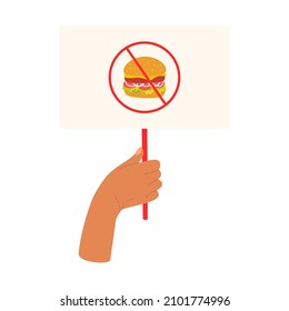 A flat vector cartoon illustration of a hand holding a poster with a crossed-out burger. The concept of giving up fast food in favor of proper nutrition. Isolated design on a white background.