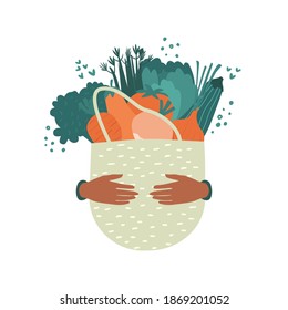 Flat vector cartoon illustration of hands holding an Eco-basket full of vegetables isolated on a white background. The concept of purchasing fresh organic products from the local market.