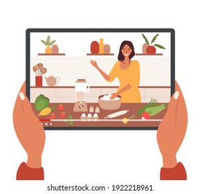 A flat vector cartoon illustration of hands holding a tablet with a cooking blog or an online lesson. A female chef prepares food in the kitchen. Concept of online education, the channel of cooking