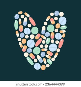 A flat vector cartoon illustration of heart shape formed from pills, tablets, capsules. Isolated design on a white background.