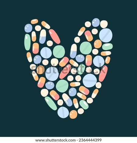 A flat vector cartoon illustration of heart shape formed from pills, tablets, capsules. Isolated design on a white background.