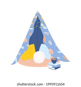 Flat vector cartoon illustration of a house or teepee made of a blanket with pillows and a books. A play area for adults and children. Blanket fortress isolated on a white background