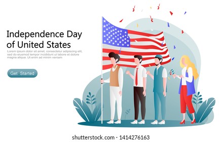 flat vector cartoon illustration independence day america.  a group of people were carrying out a ceremony and celebration with flags, sets of plants. for landing page, website, ui, ux, apps, homepage