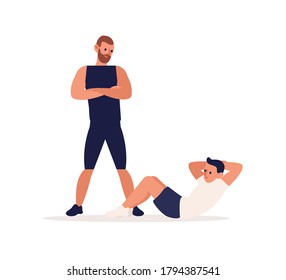Flat vector cartoon illustration isolated on white background. Personal training, coaching man in sport gym, doing abdominal crunches, workout, warmup. Physical flexing exercise, bodybuilding
