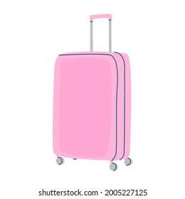 Dibujo gráfico de vector plano de una gran maleta rosa sobre ruedas de un diseño aislado sobre un fondo blanco.