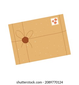 Flat vector cartoon illustration of a large paper envelope tied with rope, seal and stamp. Isolated design on a white background.