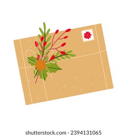 A flat vector cartoon illustration of a large festive paper envelope with a Christmas decor made of twigs, tied with a rope, with a seal and a stamp. Isolated design on a white background.