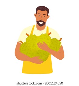 Flat vector cartoon illustration of a male farmer holding durian fruit in his hands. Isolated design on a white background.
