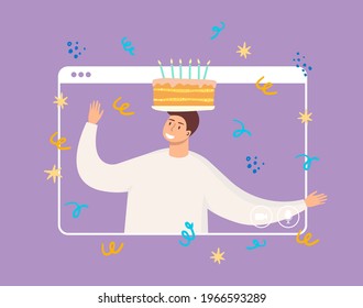 Flat vector cartoon illustration of a man with a cake on his head celebrating his birthday online. The concept of self-isolation parties, holiday online.