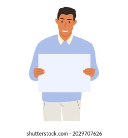 Dibujo vectorial plano de un hombre con un afiche vacío con espacio para texto. Diseño aislado en un fondo blanco.