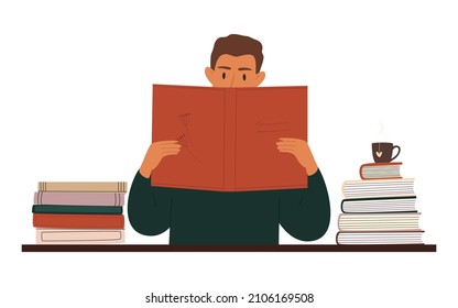 Dibujo vectorial plano de un hombre leyendo en una mesa con un libro en las manos. El concepto de autodesarrollo, autoeducación. Diseño aislado en un fondo blanco.