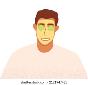 A flat vector cartoon illustration of a man with a nourishing mask on his face and cucumbers on his eyes. The concept of morning routine and skin care.