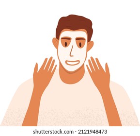 Eine flache Vektorgrafik eines Mannes, der ihm eine nährende Maske oder einen Ton ins Gesicht angebracht hat. Das Konzept der Morgenpflege und Hautpflege.
