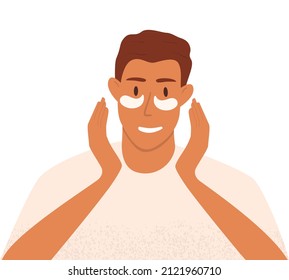 Flat vector cartoon illustration of a man with patches under his eyes. Skin care procedure. Morning routine.