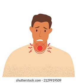 Dibujo gráfico de vector plano de un hombre que sufre de dolor de garganta. Síntomas de una infección viral. Retrato de un hombre de fondo blanco.