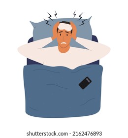 Flat vector cartoon illustration of a man lying in bed and unable to sleep. The concept of insomnia, sleep disorders, headache, feeling of tension, obsessive thoughts.