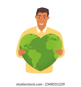 Flat vector cartoon illustration of a man holding a heart shaped planet. The concept of Earth Day and the preservation of the environment.