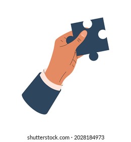 Dibujo gráfico de vector plano de la mano de un hombre que sostiene un rompecabezas aislado en un fondo blanco.