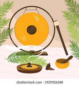 A flat vector cartoon illustration of a meditation kit that includes a gong, a singing bowl, and burning incense. Release from stress and depression with sounds, smells and vibrations