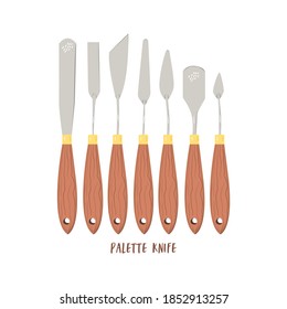 Flat vector cartoon illustration of metal palette knives of various shapes with a wooden handle in the amount of seven pieces for oil painting isolated on a white background