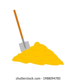 Flat vector cartoon illustration of a metal shovel and a pile of sand. A symbol of outdoor construction work. Isolated design on a white background.