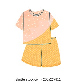 Dibujo gráfico de vector plano de pijamas que consiste en una camiseta y pantalones cortos con un patrón en forma de helado. Diseño aislado en un fondo blanco. 