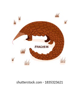 Flat vector cartoon illustration of a pangolin surrounded by dry grass isolated on a white background.