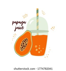 Flat vector cartoon illustration of papaya and papaya juice in a Cup with straws isolated on a white background. Design for printing, banner, label, poster, sticker, logo. Scandinavian style.