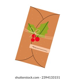 Flat vector cartoon illustration of a personalized festive envelope with decorative berries, holly and a bow. Isolated design on a white background.