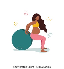 Flat vector cartoon illustration of a pregnant woman performing fit ball exercises isolated on a white background. The concept of a healthy lifestyle and sports during pregnancy