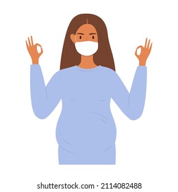 A flat vector cartoon illustration of a pregnant woman in a protective mask showing the OK gesture with her hands. The concept of taking care of your health and protecting against viruses.