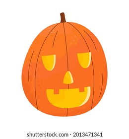 A flat vector cartoon illustration of a pumpkin for Halloween with a funny face. Isolated design on a white background.