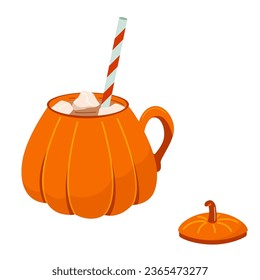 Flat vector cartoon illustration of a pumpkin shaped cup of coffee drink with cream and marshmallow. Cinnamon pumpkin latte cup. Colored flat vector illustration isolated on white background