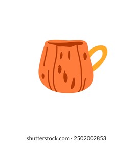 Flat vector cartoon illustration of a pumpkin shaped cup of coffee drink. Cinnamon pumpkin latte cup. Cozy flat vector illustration isolated on white background