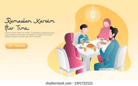 flat vector cartoon illustration ramadan kareem eating with family. happy family is iftar together, with food and drinks on the table lit by lanterns. sunset yellow background. website, landing page